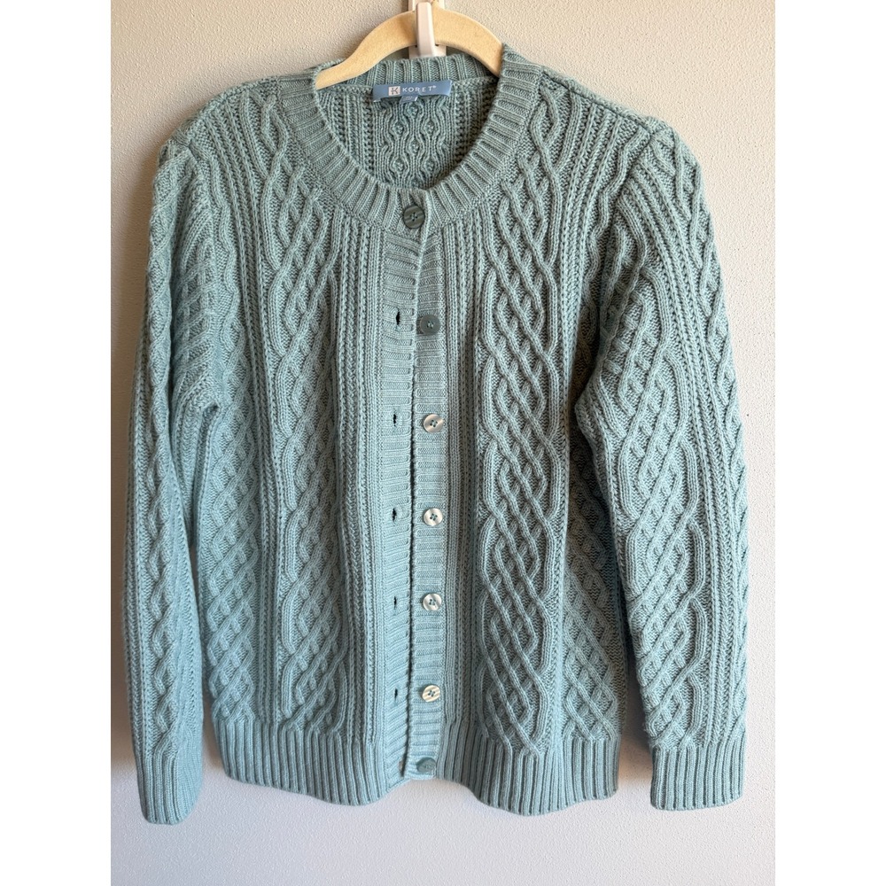 Koret Cardigan PM Light Blue Cable Knit Button Front Grandma Core Coastal Cozy